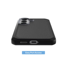 Dual-layer magnetic phone case, black textured front with speaker and charging ports
