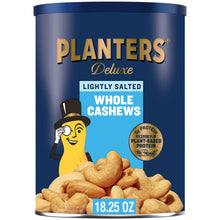 PLANTERS Deluxe lightly salted whole cashews can with cashew kernels on label