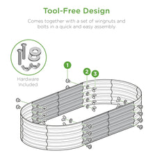 Tool-free assembly illustration of oval raised metal garden bed with hardware bolts