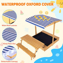 Wooden kids sandbox with striped waterproof cover and benches, black interior visible