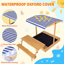 Wooden sandbox with striped canopy roof and lidded sand area with cover