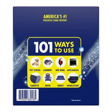 Stain remover powder box panel with “101 ways to use” and stain category icons