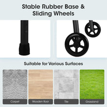 Black folding walker wheel and rubber base, showing stable front caster