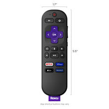 Size diagram of black Roku voice remote with purple navigation pad, 1.7 by 5.5 in