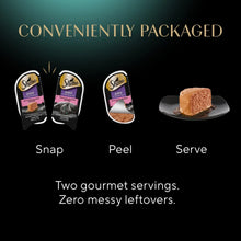 Conveniently packaged wet cat food variety pack trays with snap, peel, serve steps