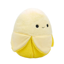 Yellow banana plush toy with cute face, white belly, and rounded fuzzy top
