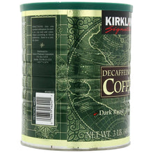 Kirkland Signature decaffeinated coffee can, back panel with directions and barcode