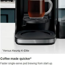Coffee maker brew area with black hot plate and partially filled glass carafe