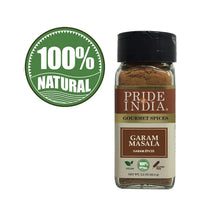 Garam masala spice bottle with 100% natural seal, black cap, brown spice powder