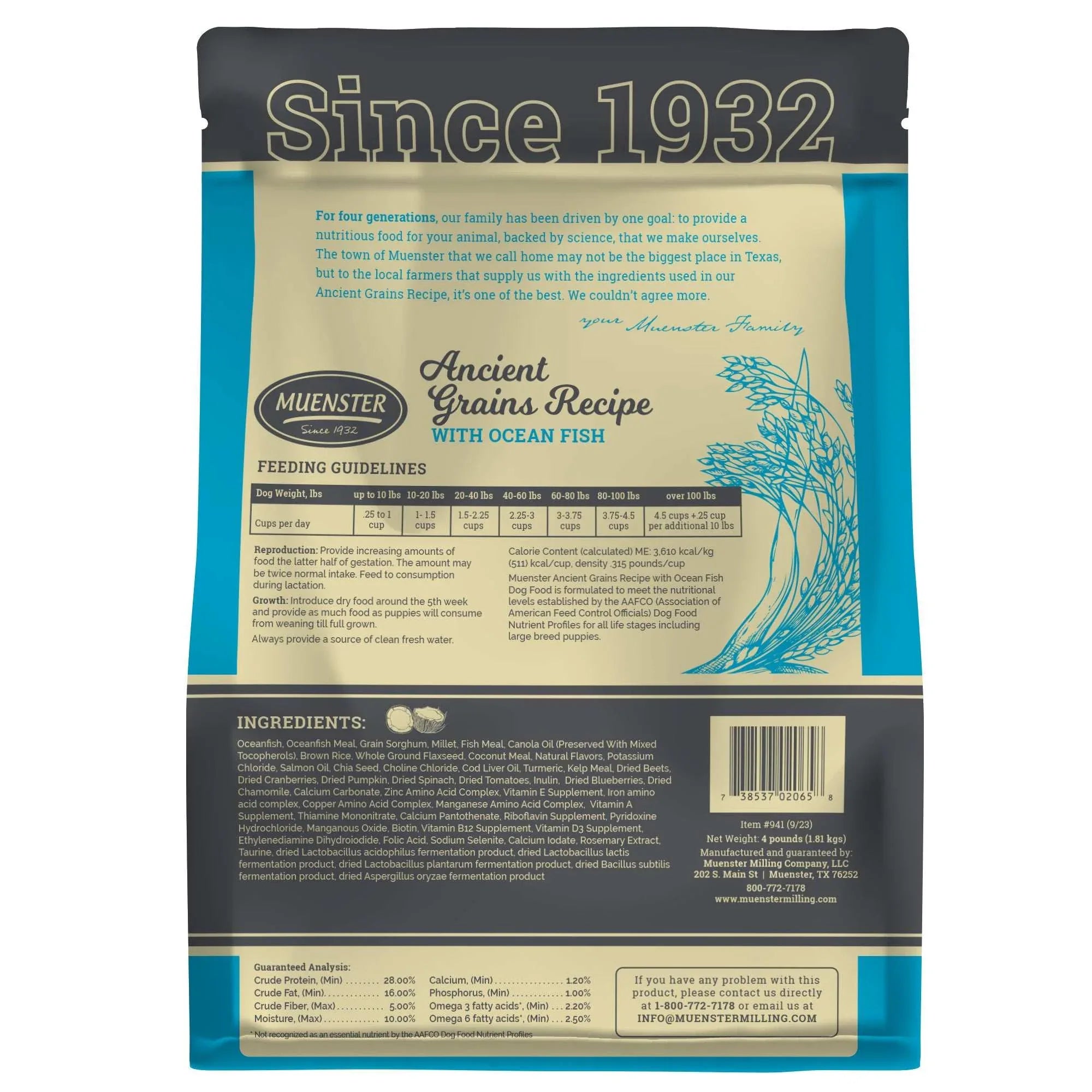 Muenster Ancient Grains With Ocean Fish Dog Food, All Life Stages, 4 lb Bag - USA MEGA SHOP