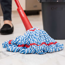 Microfiber mop head with blue-and-white braided strands and red trim on red handle