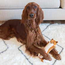 Orange fox plush dog toy with ribbed white squeaker strip and floppy arms