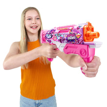 Child holding pink and purple XSHOT water blaster with orange nozzle and unicorn print