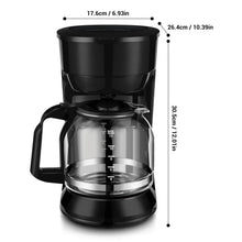 Black 12-cup drip coffee maker front view with height and width measurements