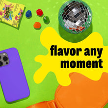 Gushers fruit snack pouches with 'flavor any moment' text and assorted candy pieces