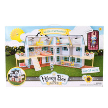 Boxed three-story farmhouse dollhouse playset with furniture and rabbit figure