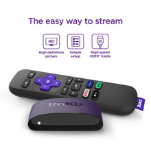 Streaming media player with purple top and black remote with colorful navigation buttons