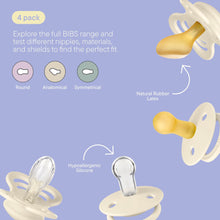 BIBS pacifiers with natural rubber and silicone nipples in round, anatomical, and symmetrical shapes