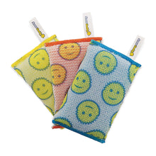 Non-scratch scour pads with smiling face patterns, blue and multicolor textured squares