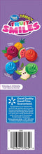 Fruit Smiles tangy fruit-flavored snack pouch back label with barcode and quality guarantee
