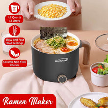 Black electric ceramic nonstick hot pot cooker with ramen ingredients in pot