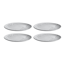 Set of four gray stoneware dinner plates with embossed floral leaf patterns