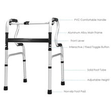 Medical walker labeled with PVC handle, aluminum frame, and non-slip foot pads, black accents.