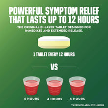 12-hour extended-release cough relief infographic with tablet and time comparison