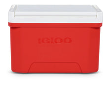 Red 9 qt cooler with white lid closed and front molded base