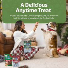 Blue Buffalo Santa Snacks dog biscuit bag with person and dog during treat time