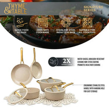 Signature series cookware set box with cooking feature icons and taupe pots, gold handles