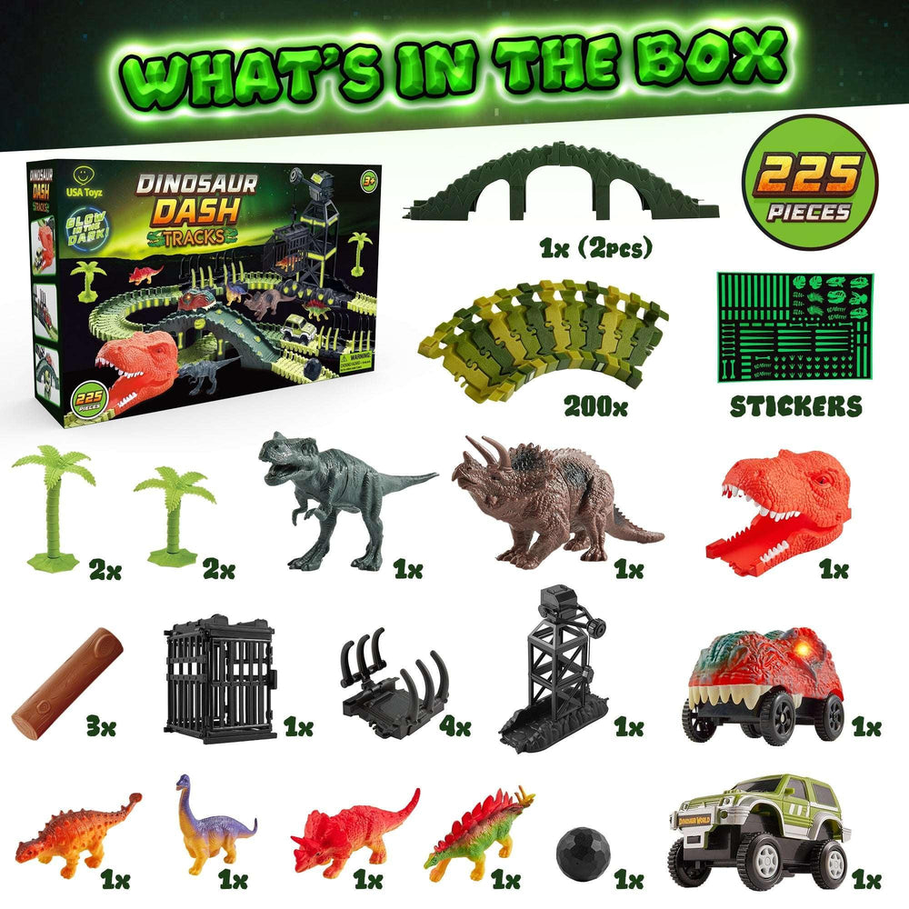 USA Toyz Dinosaur Dash Track 6 Dinosaurs LED Dino Car STEM Set Toy 225 Piece Tracks for Kids Ages 3+ - USA MEGA SHOP