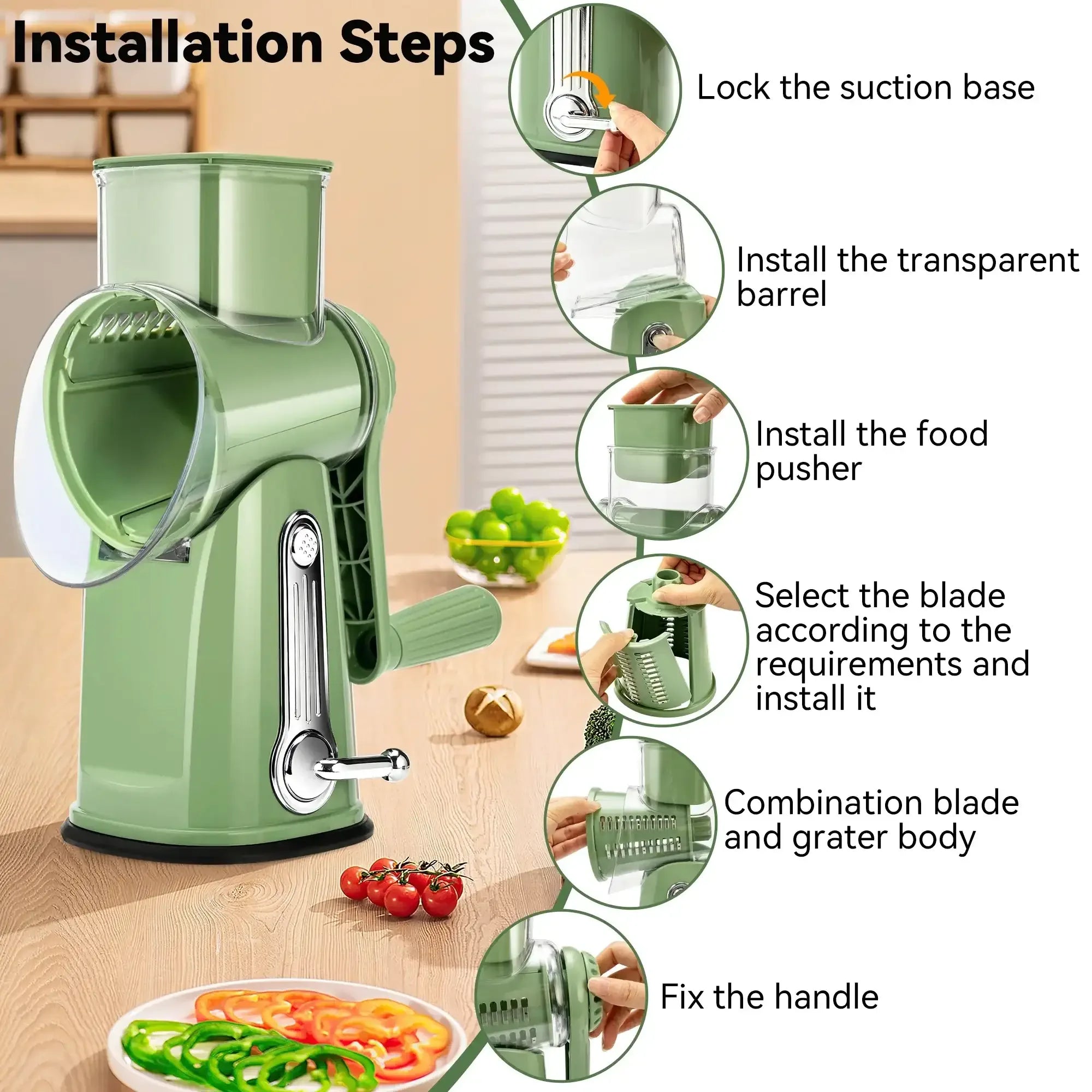 Pukomc Rotary Cheese Grater with Handle- 5 Blades, Suction Base, Mandoline Slicer & Veg Shredder with Blade Storage Box(Green) - USA MEGA SHOP