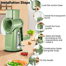 Green rotary cheese grater with suction base, food pusher, and blade-and-grater body