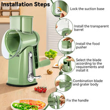 Green rotary cheese grater with suction base, transparent barrel, and blade holder