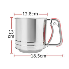 Stainless steel flour sifter dimensions: 12.8 cm wide, 13 cm tall, 18.5 cm long