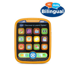 Orange learning tablet toy with Bilingual Hola badge and colorful square icon buttons