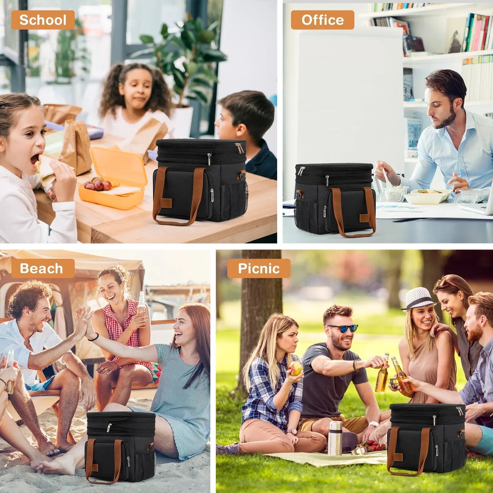 Insulated Lunch Bag for Women/Men, 17L Expandable Double Deck Lunch Cooler Box, Lightweight Leakproof Lunch Tote Bag W/ Side Tissue Pocket&Adjustable Shoulder Strap, Suit for Work,Picnic,Black
