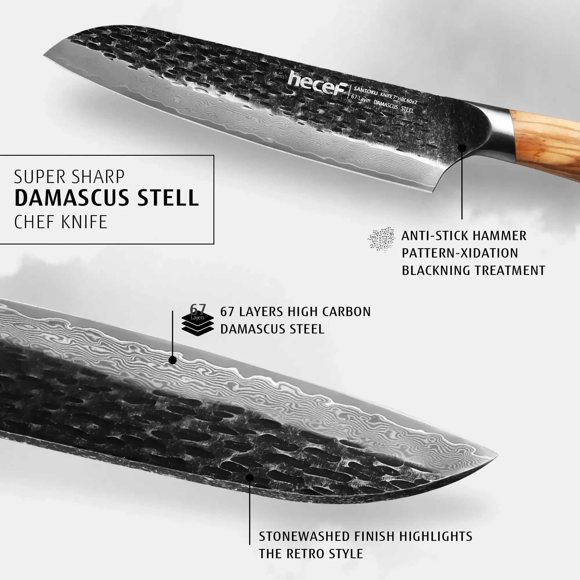 Hecef Japanese Chef Knife, Forged 67-Layer Damascus Steel Ultra Sharp Professional Hammered Carving Knife - USA MEGA SHOP