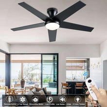 Ceiling fan with LED light and remote, black flush-mount fan in room