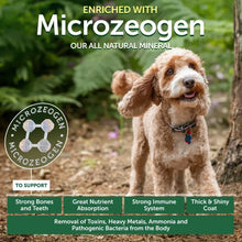 Dry dog food marketing panel with small dog and microzegen enrichment badge