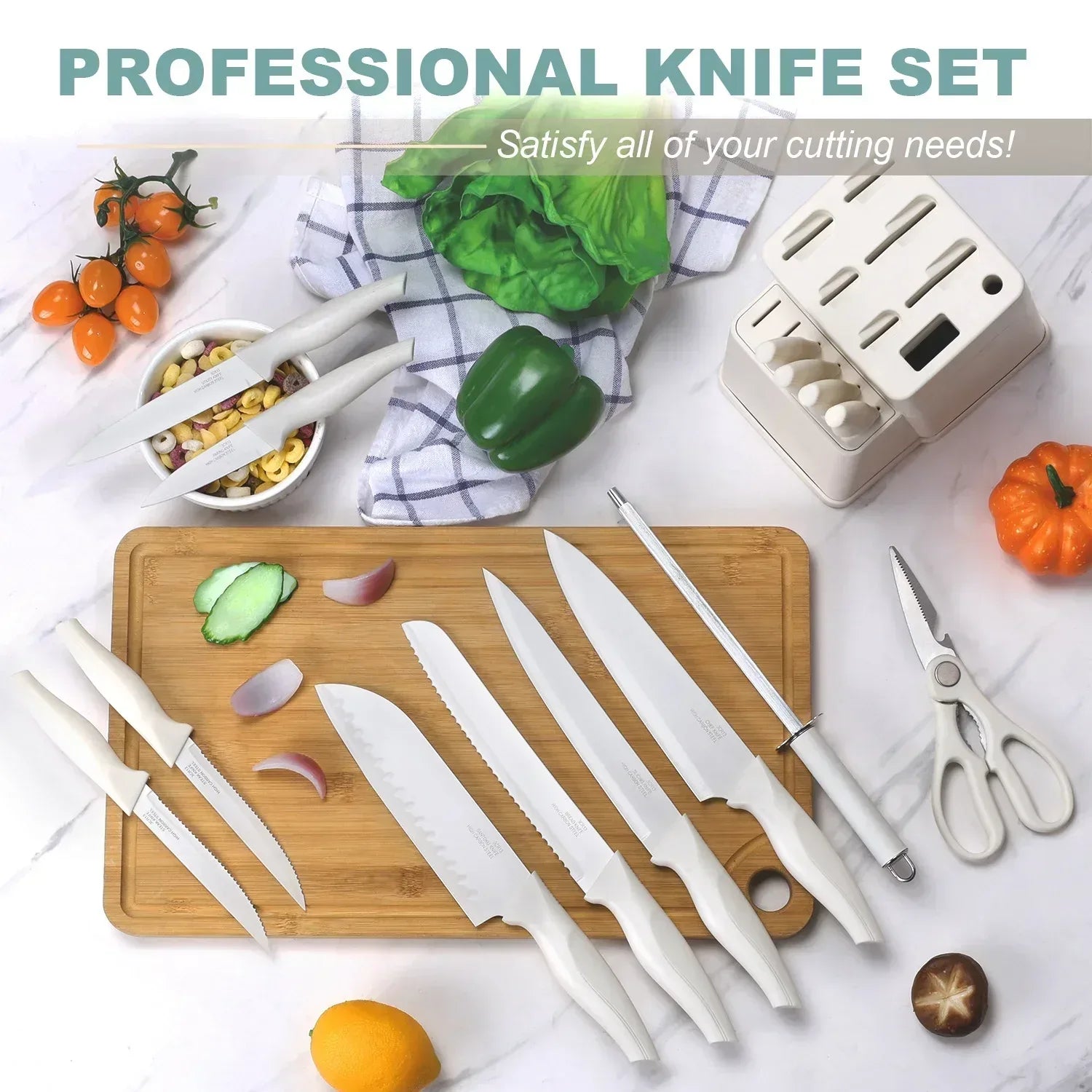 Vesteel Knife Set for Kitchen with Block, 15 Pcs High Carbon Stainless Steel Kitchen Knife Set with Self Sharpening
