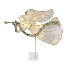 Pre-lit angel tree topper with illuminated ivory panels, gold trim, and trumpet