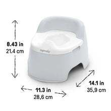 Grey toddler training potty with height and width measurement arrows shown