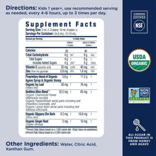 Kids cough syrup Supplement Facts label with ingredients and nutrient table
