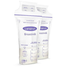 Breastmilk storage bags, clear plastic with purple Lansinoh branding and measurement markings