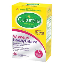 Culturelle Women’s Healthy Balance probiotic capsules box, angled view, yellow and green, 60 count