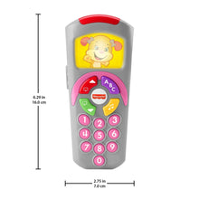 Gray learning remote toy with red top and keypad buttons for numbers and ABC
