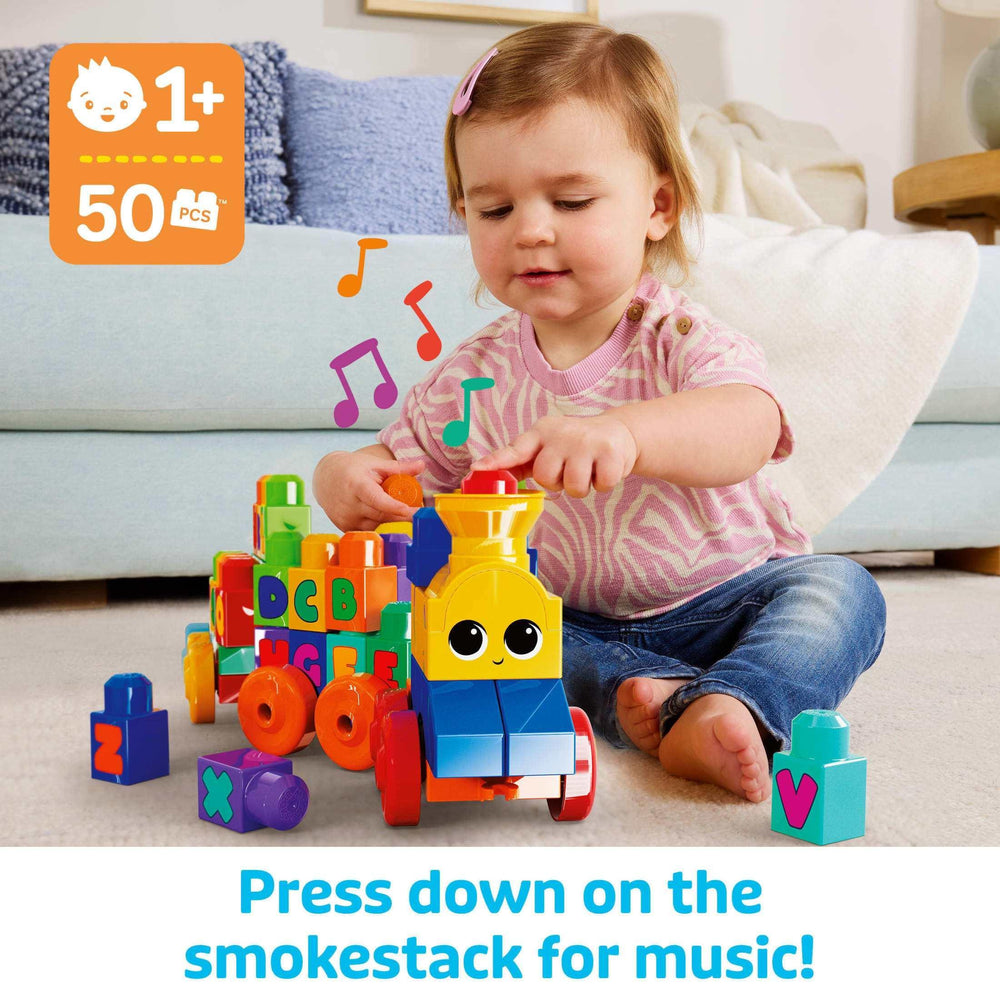 MEGA BLOKS Toy Blocks ABC Musical Train with Sounds and Music (50 Pieces) for Toddler - USA MEGA SHOP