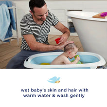Baby Dove wash bottle used during newborn bath, parent washing baby in tub